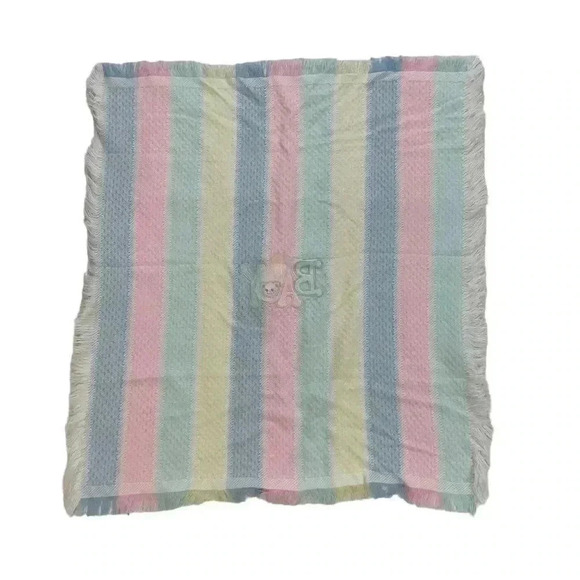 Baby Bear Striped Fringe Pastels Multicolor Swaddle Crib Nursery Blanket 37x34 - Picture 2 of 2